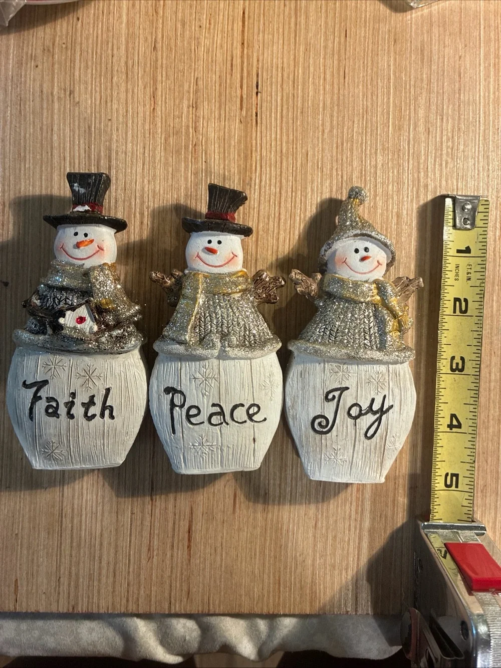 Faith Peace Joy Snowman Ornaments - White and Gold Holiday Decor Wood